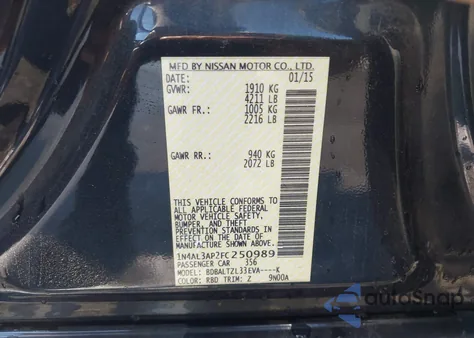 2015 Nissan Altima 2.5 Sl z USA, uszkodzony, nr VIN 1N4AL3AP2FC250989